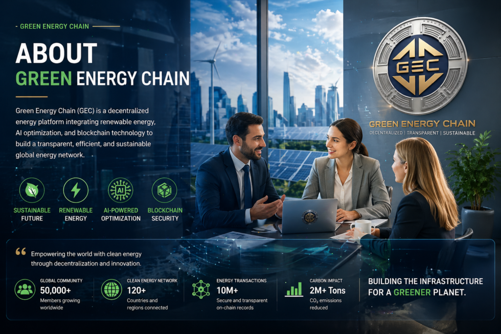 Green Energy Chain (GEC) about page banner featuring professionals in a corporate office with renewable energy background, solar panels, city skyline, and blockchain-powered energy network