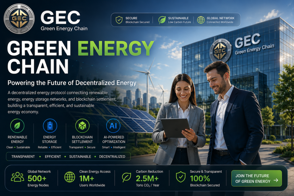 Green Energy Chain (GEC) decentralized energy platform homepage banner featuring professionals, renewable energy infrastructure, solar panels, wind turbines, and blockchain-powered energy network