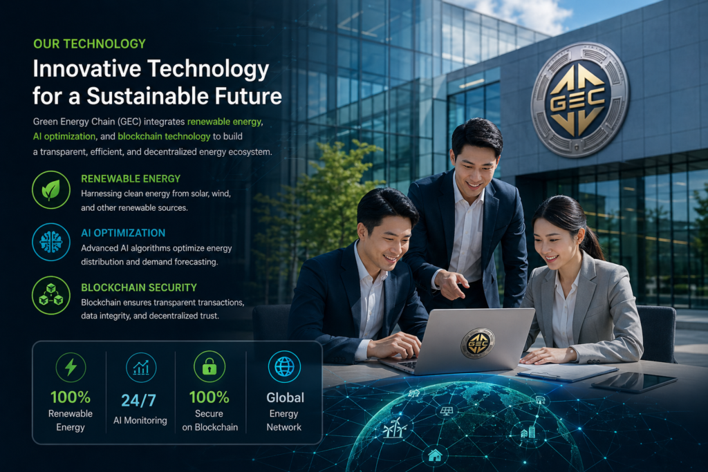 Green Energy Chain (GEC) technology page banner with corporate professionals using AI systems, renewable energy infrastructure, and blockchain network, featuring GEC logo and sustainable energy solutions