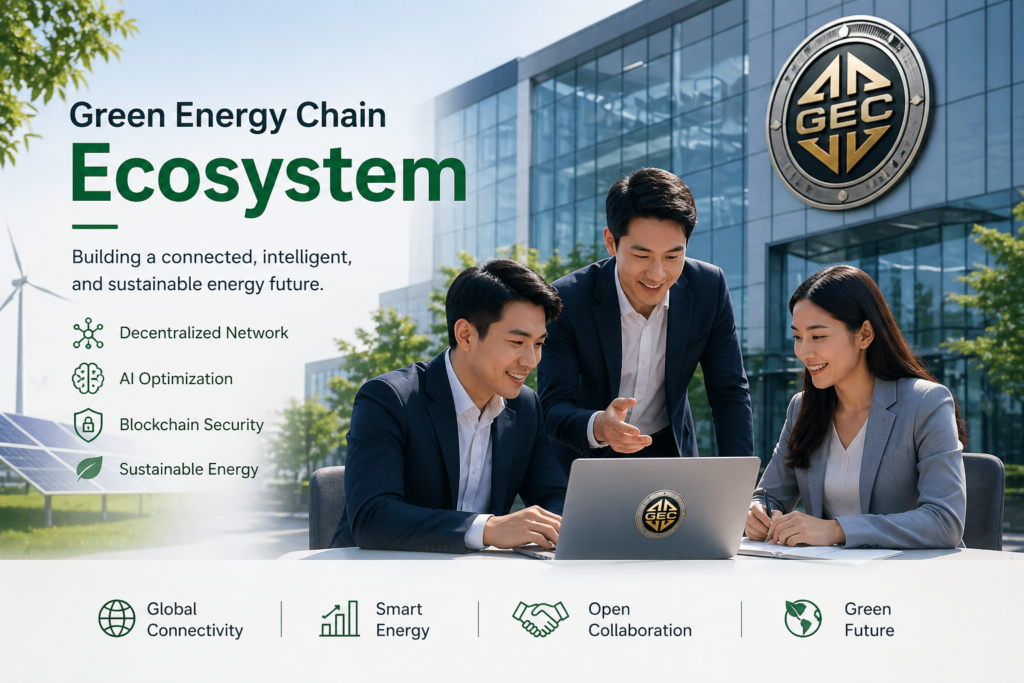 Green Energy Chain (GEC) ecosystem banner with business professionals collaborating in a corporate environment, featuring renewable energy, AI optimization, blockchain network, and sustainable energy solutions