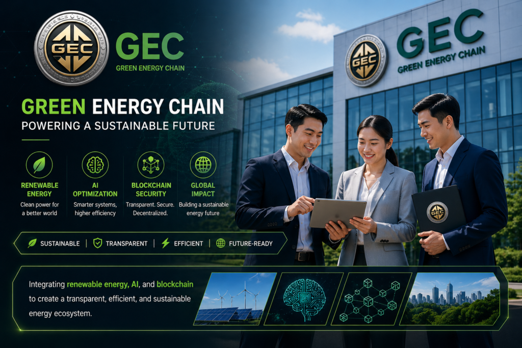Green Energy Chain (GEC) how it works banner with professionals using technology in a corporate environment, featuring renewable energy, AI optimization, blockchain network, and GEC company branding